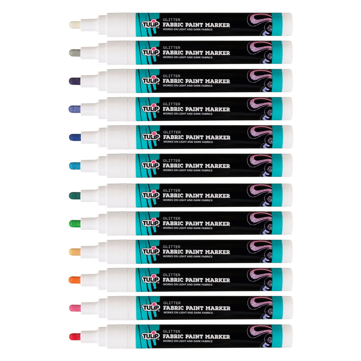 Picture of 49923 Tulip Bullet-Tip Glitter Fabric Paint Markers Rainbow 12 Pack